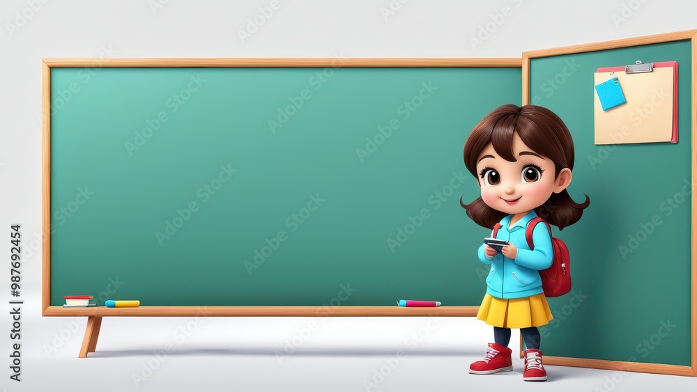 A cheerful girl with a backpack stands beside a chalkboard, ready for school. A cheerful girl with a backpack stands beside a chalkboard, ready for school.
