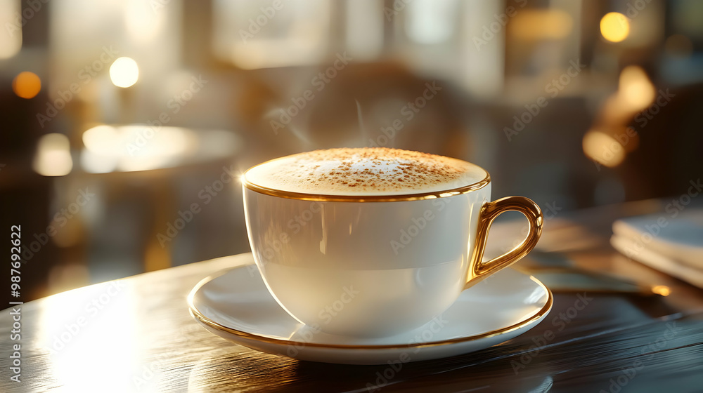 Golden Rimmed Cappuccino on Table with Warm Light - 3D Illustration Golden Rimmed Cappuccino on Table with Warm Light - 3D Illustration