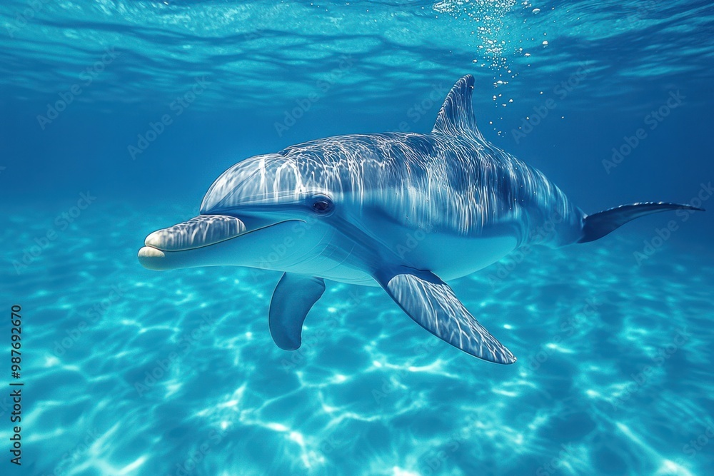 Naklejka premium Playful Dolphin Gliding Through Crystal Clear Ocean Waters in Stunning Underwater Scene