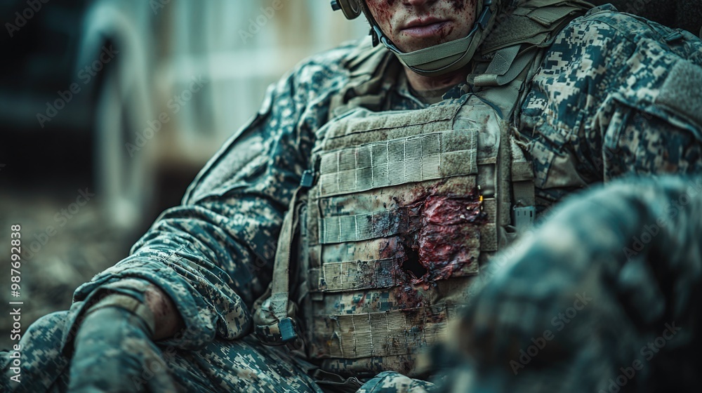Close-up of Soldier's Bullet Wound: Medical Information and War Statistics Concept Close-up of Soldier's Bullet Wound: Medical Information and War Statistics Concept