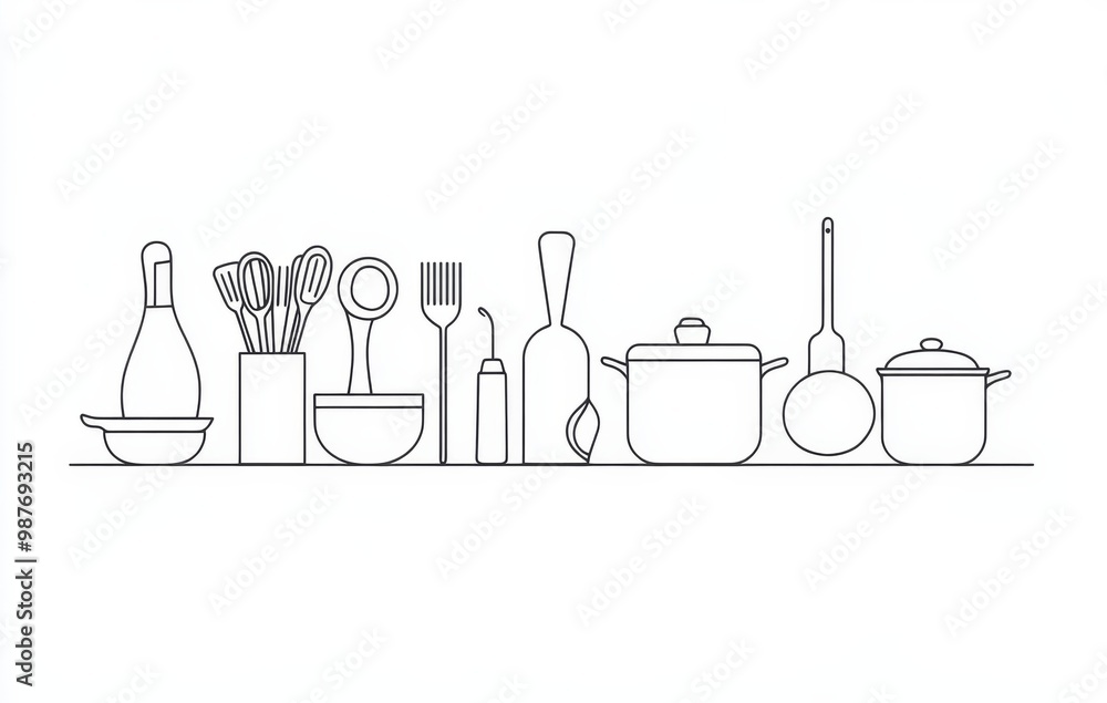 Simple line drawing of kitchen utensils and pots on a white background Simple line drawing of kitchen utensils and pots on a white background