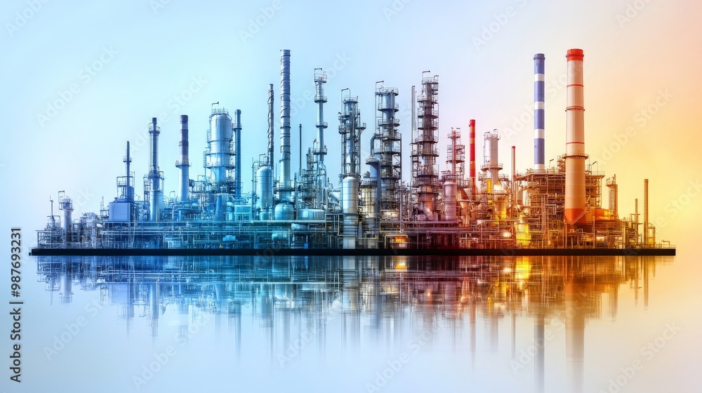 A cross-section view of an oil refinery, showing the various stages of crude oil processing, used for educational purposes to explain the complexities of the refining process