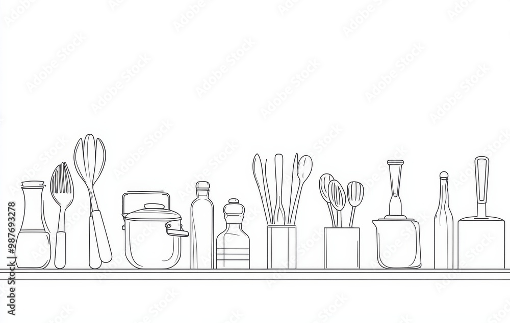 Simple line drawing of kitchen utensils and pots on a white background Simple line drawing of kitchen utensils and pots on a white background
