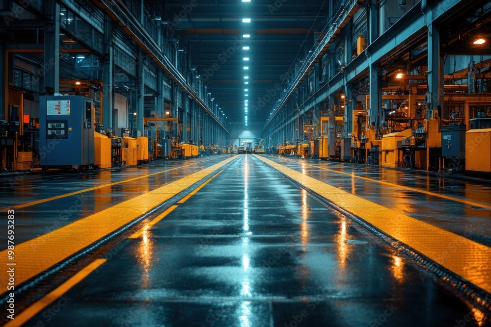 Industrial Factory Interior with Yellow Lines on Wet Floor Industrial Factory Interior with Yellow Lines on Wet Floor