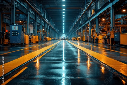 Industrial Factory Interior with Yellow Lines on Wet Floor