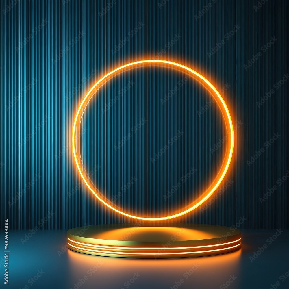 Glowing Neon Circle and Golden Podium on a Blue Background. Glowing Neon Circle and Golden Podium on a Blue Background.