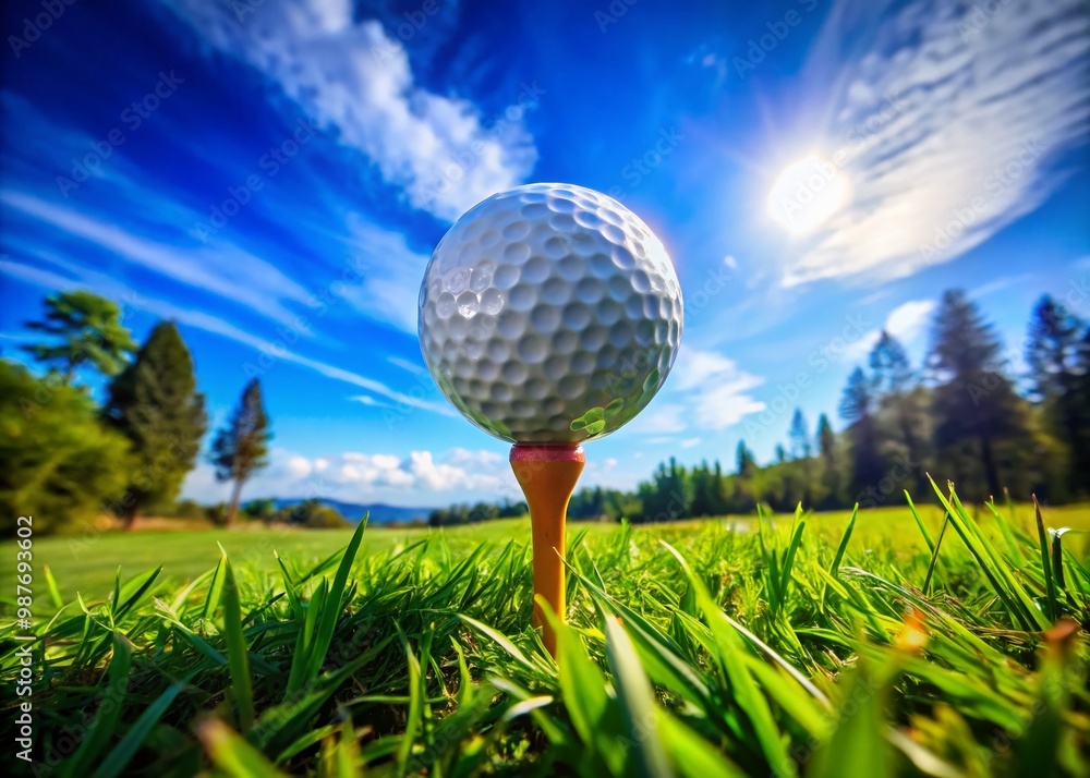 Golf Ball on Tee Ready for a Perfect Drive on a Green Golf Course Under Clear Blue Sky Golf Ball on Tee Ready for a Perfect Drive on a Green Golf Course Under Clear Blue Sky