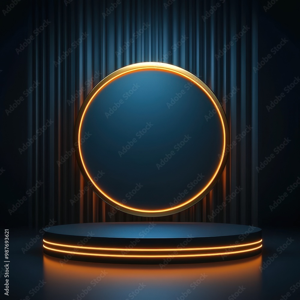 Glowing Circle and Platform on Blue Curtain Background. Glowing Circle and Platform on Blue Curtain Background.