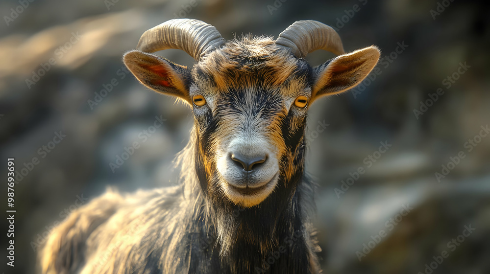 Close-up Portrait of a Brown and Black Goat with Horns Close-up Portrait of a Brown and Black Goat with Horns
