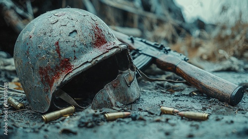 Wallpaper Mural Fallen Warrior's Remnants - Symbolic Image of War Casualties with Cracked Helmet and Bloodstained Rifle, Space for Thought-Provoking Message on Tragedy of Conflict Torontodigital.ca