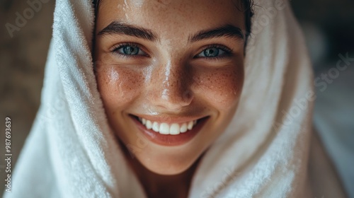 Smiling Woman Wrapped in a White Towel