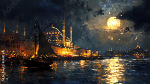 Vintage oil painting landscape view of istanbul with a majestic mosque at night during ottoman empire. Byzantine Empire. Illustration