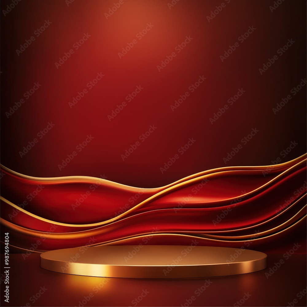 Fototapeta premium Gold Podium with Red and Gold Fabric Waves