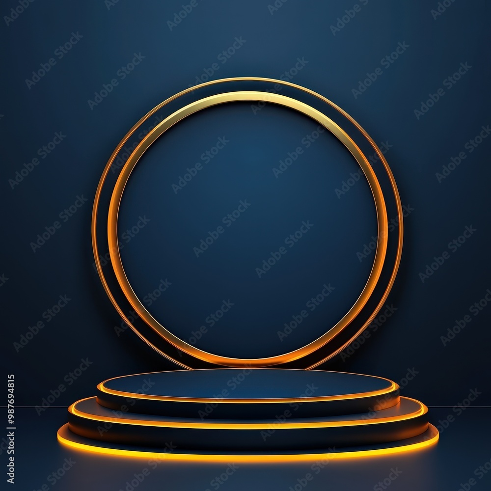 Glowing Gold Circle with Platform on Dark Blue Background. Glowing Gold Circle with Platform on Dark Blue Background.