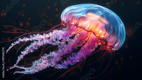 Glowing Jellyfish with Long Tentacles - 3D Illustration