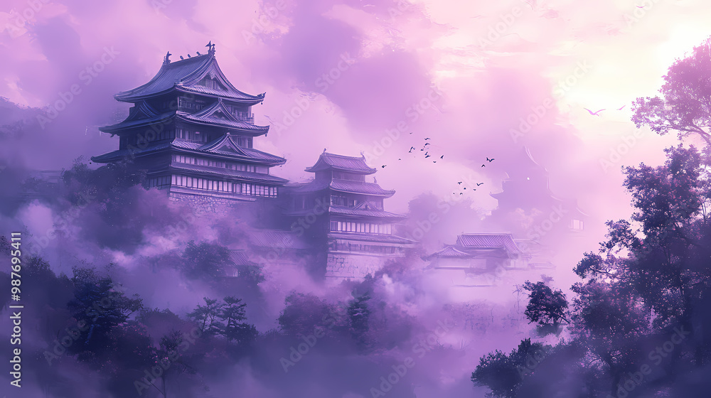 Whispers of kyoto tonalist genius in light violet.jpeg. Samurai Castle. Illustration Whispers of kyoto tonalist genius in light violet.jpeg. Samurai Castle. Illustration