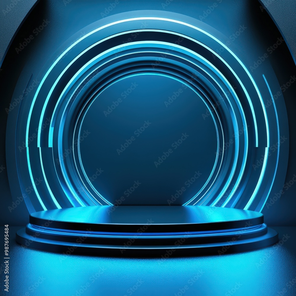 Obraz premium Futuristic Blue Neon Circle Platform.