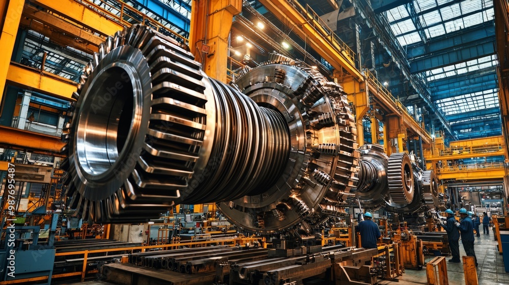 A factory specializing in heavy machinery, with large components being assembled by skilled workers using advanced tools, capturing the power and scale of industrial manufacturing A factory specializing in heavy machinery, with large components being assembled by skilled workers using advanced tools, capturing the power and scale of industrial manufacturing