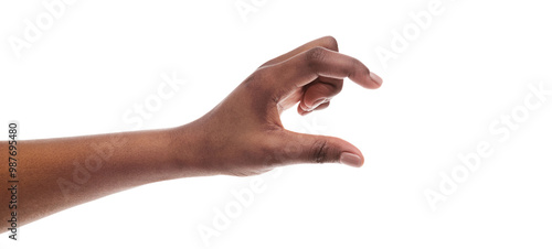 Black female hand measuring invisible items, showing small amount of something with gesture, isolated on white background, panorama