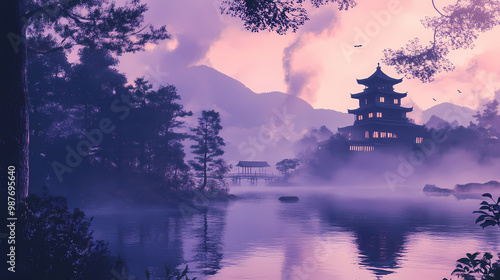 Whispers of kyoto tonalist genius in light violet.jpeg. Samurai Castle. Illustration photo