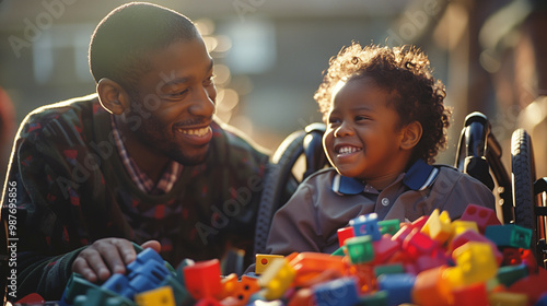 Parent and children learning through play. Disabled black child in wheelchair smiling with caregiver playing with building blocks. Nursery for special needs kids. Ethnic diversity diverse inclusive.