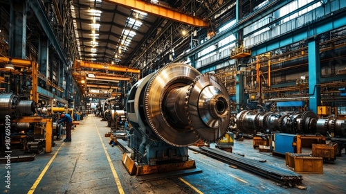 A factory specializing in heavy machinery, with large components being assembled by skilled workers using advanced tools, capturing the power and scale of industrial manufacturing photo