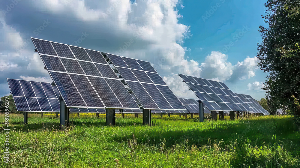 Several solar panels arranged in a field of grass, capturing sunlight and converting it into renewable energy, set against a clear blue sky with white fluffy clouds in the background. Several solar panels arranged in a field of grass, capturing sunlight and converting it into renewable energy, set against a clear blue sky with white fluffy clouds in the background.