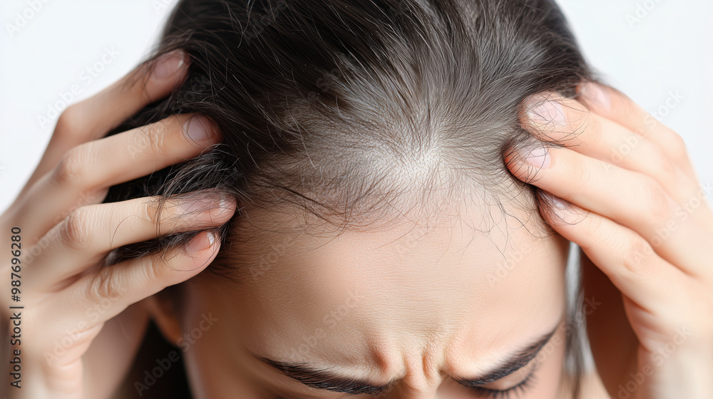 Naklejka premium woman touching her scalp, showing signs of hair loss and concern