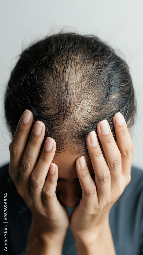 Fototapeta premium woman with hair loss covering top of her scalp expresses distress
