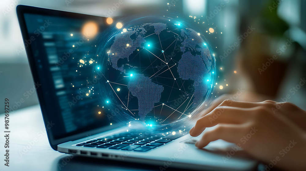 A hand uses a laptop, with a glowing globe of the world emitting from it. A hand uses a laptop, with a glowing globe of the world emitting from it.