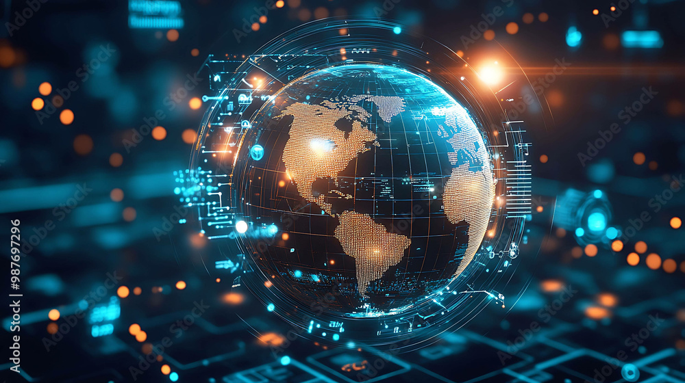 Obraz premium 3D rendering of a glowing digital globe with futuristic lines and data.