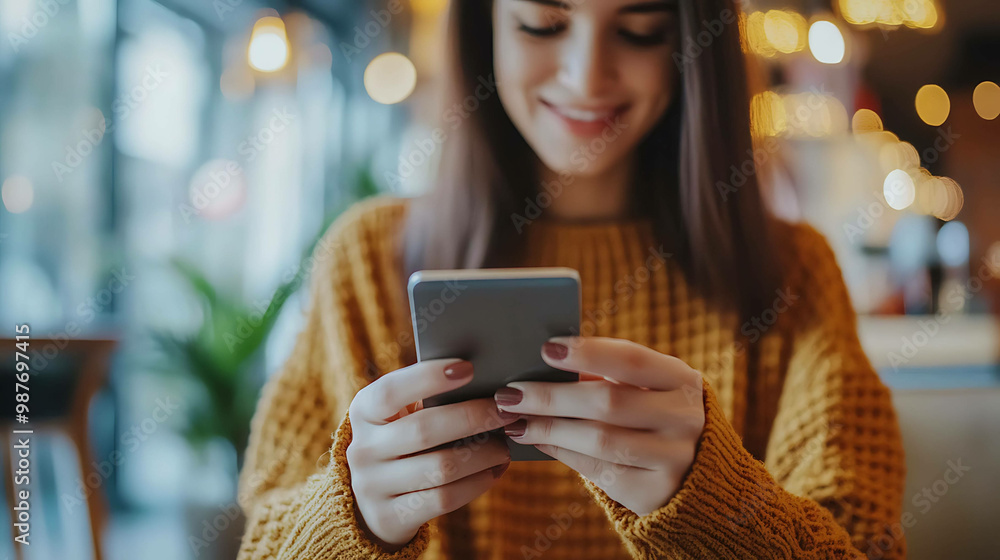 Close up of a woman using a smartphone in a coffee shop. Close up of a woman using a smartphone in a coffee shop.