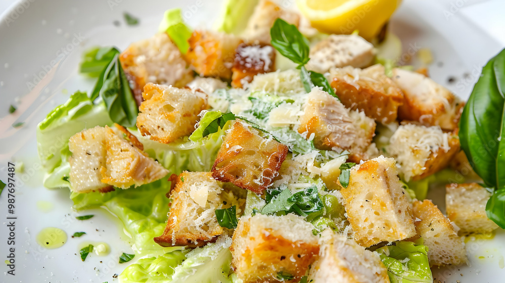 Closeup of a Delicious Caesar Salad with Croutons and Chicken Closeup of a Delicious Caesar Salad with Croutons and Chicken