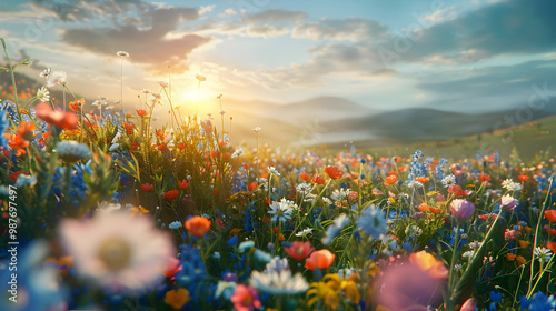 Vibrant Wildflower Meadow at Sunset with Mountain View