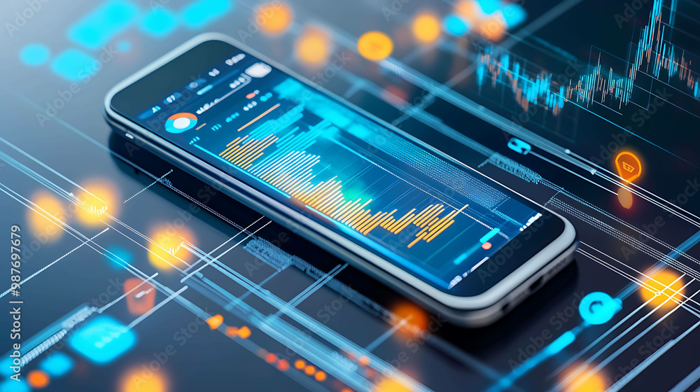 Smartphone with financial charts and data on screen, digital background. Smartphone with financial charts and data on screen, digital background.