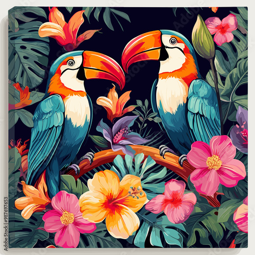 Vibrant tropical birds illustration with flowers and lush foliage