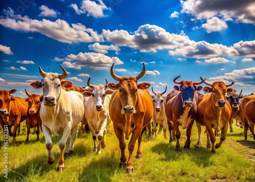 Herd of cattle being driven across open pasture under a bright blue sky during a sunny day