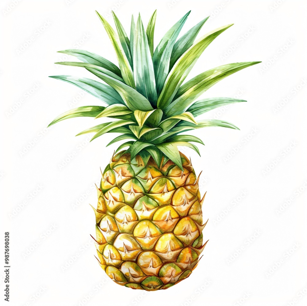 A single, whole, ripe pineapple with green leaves isolated on a white background. A single, whole, ripe pineapple with green leaves isolated on a white background.