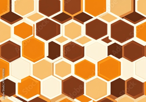 honeycomb shapes in shades of brown and white arranged in a symmetrical pattern on a solid orange background, symbolizing storage space within honeycomb structures,