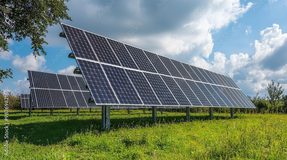 Solar panels standing tall in a lush green field under a partly cloudy blue sky, demonstrating the harnessing of renewable energy, environmental conservation, and modern technology. Solar panels standing tall in a lush green field under a partly cloudy blue sky, demonstrating the harnessing of renewable energy, environmental conservation, and modern technology.