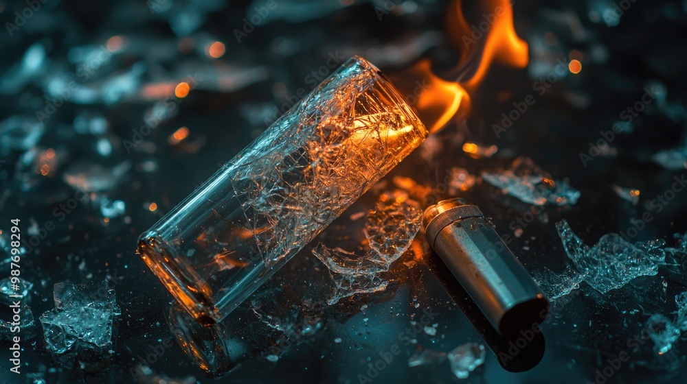 Obraz premium Cracked Glass Pipe and Lighter Close-up for Anti-Drug Message