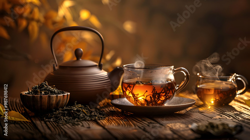 Steaming Cup of Tea on Wooden Table with Teapot and Leaves