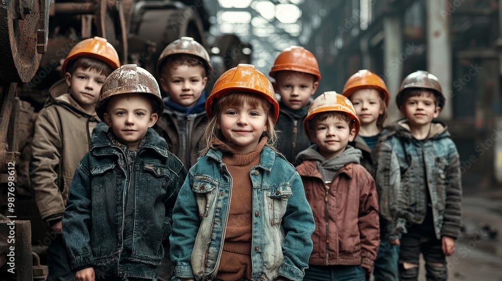 A group of children in a factory setting, wearing hard hats and operating oversized machinery, creating an imaginative and surreal scene where kids run the industrial world A group of children in a factory setting, wearing hard hats and operating oversized machinery, creating an imaginative and surreal scene where kids run the industrial world