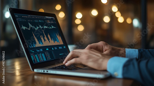 A person's hands type on a laptop with a graph displayed on the screen.