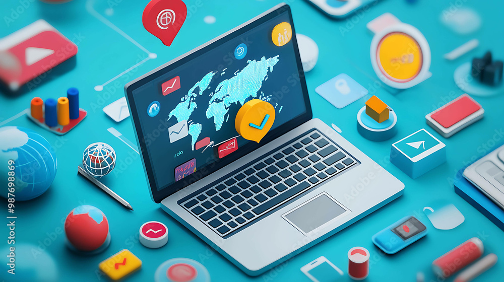 Laptop computer with world map on screen, surrounded by colorful icons on blue background. Laptop computer with world map on screen, surrounded by colorful icons on blue background.