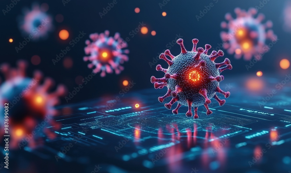 Coronavirus on digital circuit board. Coronavirus on digital circuit board.