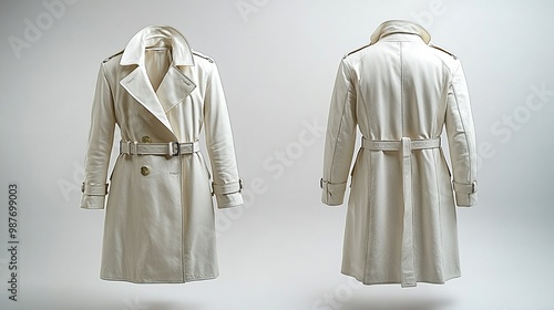 White Leather Trench Coat - Front and Back View Isolated On White Background. Mock-up Design Template. 3d Illustration. Generate Ai Image photo