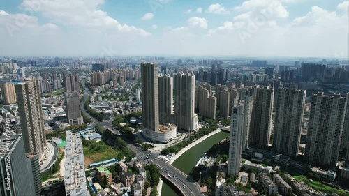 Atmospheric Anhui Hefei city skyline blue sky and white clouds