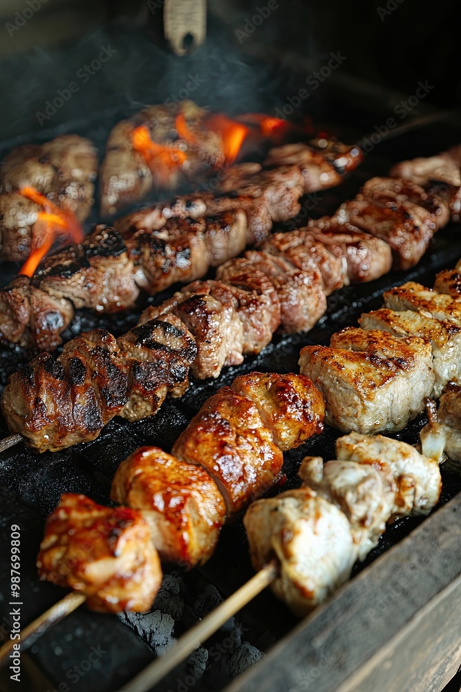 Pork lamb and chicken traditionally cooked on a charcoal grill. Cypriot traditional grilled souvla. Pork lamb and chicken traditionally cooked on a charcoal grill. Cypriot traditional grilled souvla.