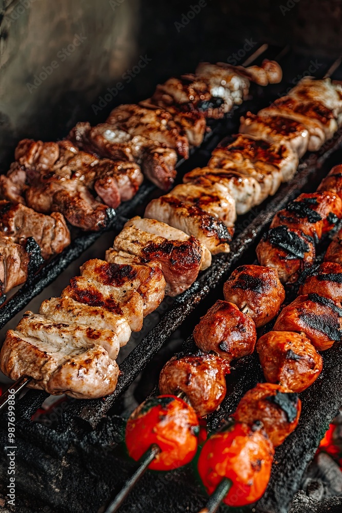 Pork lamb and chicken traditionally cooked on a charcoal grill. Cypriot traditional grilled souvla. Pork lamb and chicken traditionally cooked on a charcoal grill. Cypriot traditional grilled souvla.